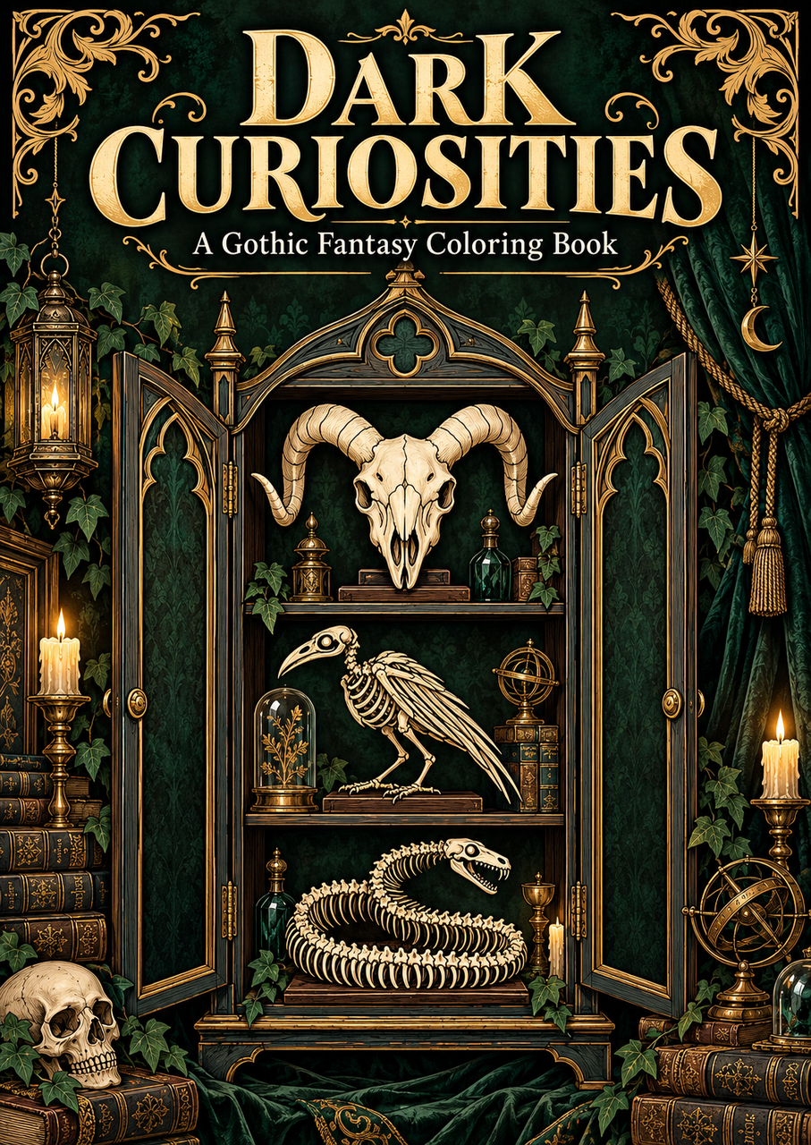 Dark Curiosities: A Gothic Fantasy Coloring Book for Adults, Intricate Dark Art Designs, Mysterious Creatures, Gothic Architecture, Skeletons, Masks, Ancient Relics and Fantasy Illustrations for Relaxation, Creativity, Stress Relief and Immersive Coloring Experience with Spiral Bound Format