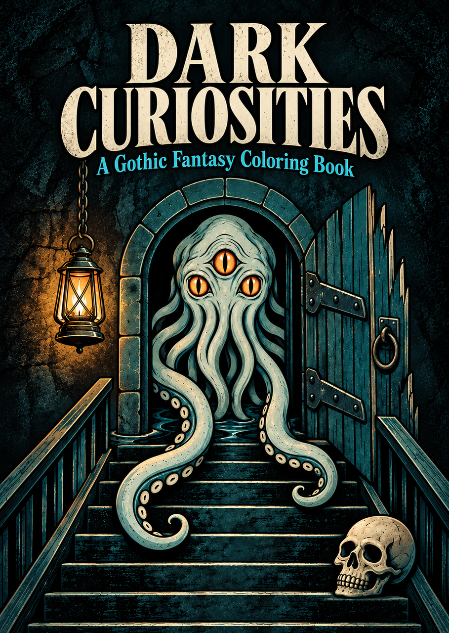 Dark Curiosities: A Gothic Fantasy Coloring Book for Adults, Mysterious Dark Art Illustrations, Fantasy Creatures, Ancient Symbols, Magical Objects, Haunted Scenes, Gothic Monsters, Intricate Line Art Designs and Creative Coloring Pages for Relaxation, Mindfulness, Stress Relief and Artistic Expression, Paperback Coloring Book for Fantasy Lovers
